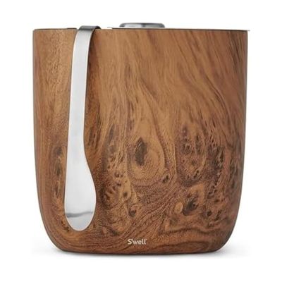 Swell Stainless Steel Ice Bucket with Tongs, 68oz Capacity, Teakwood Finish, Triple-Layer Vacuum Insulated to Keep Ice Colder Longer, BPA-Free Barware