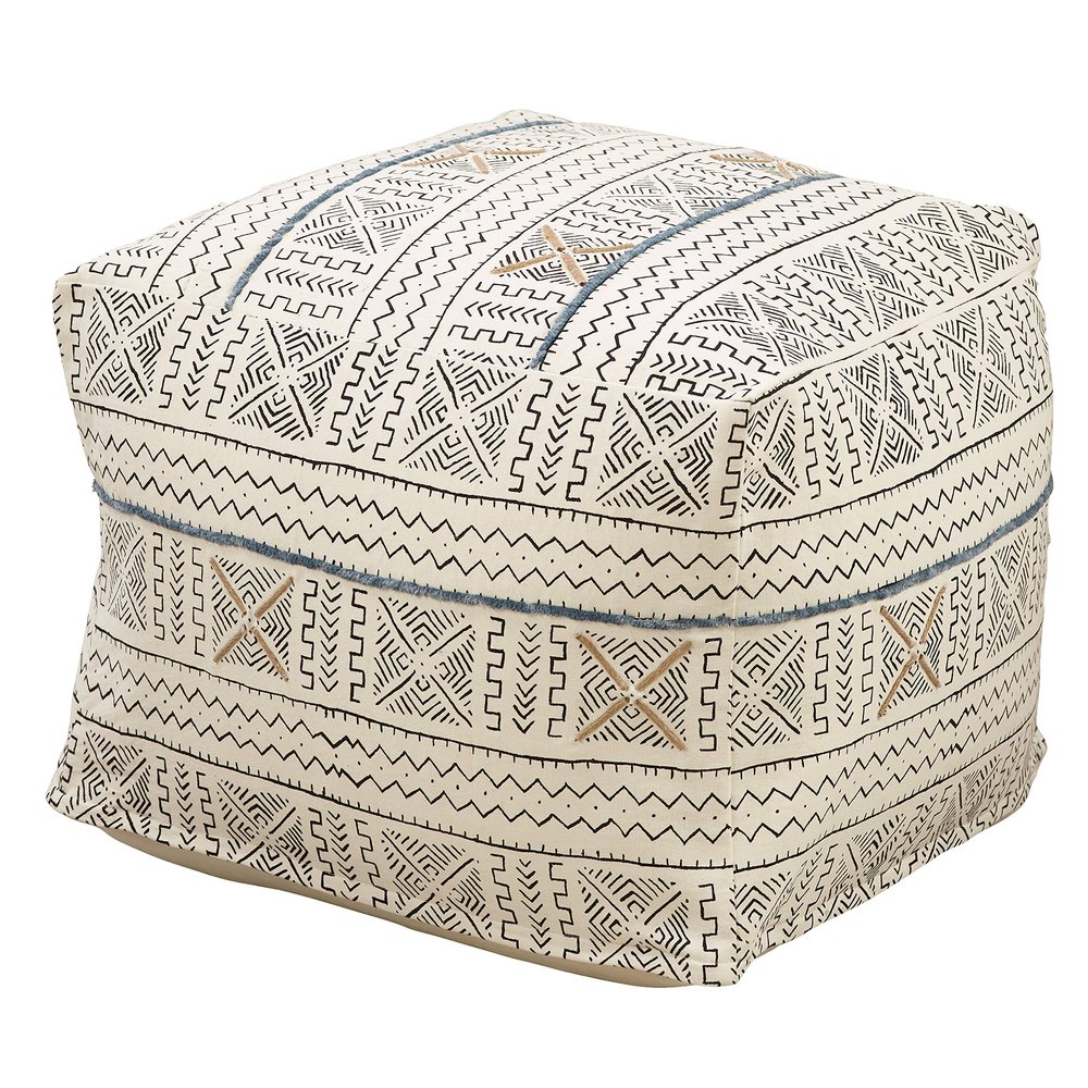 Occasion Gallery White African Mud Cloth Inspired Pouf, Floor Ottoman Seating, Footrest, Stuffed Comfy Chair, Floor Cushion Accent, 20" X 20" X 14" (1 Piece), 100% Cotton