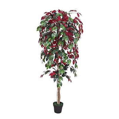 AMERIQUE Gorgeous 5' Ficus Capensia Tree Artificial Silk Plant, with Insertable Nursery Pot, Feel Real Technology, Super Quality, Green & Burgundy