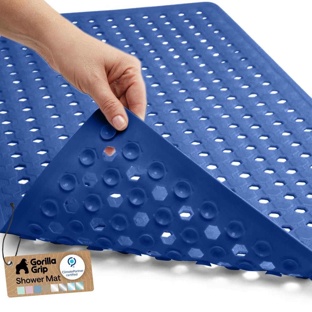 GORILLA GRIP Patented Bath Tub Shower Mat, Machine Washable Bathtub Floor Liner Mats, Suction Cups and Drain Holes to Keep Tubs Clean, Soft on Feet, Bathroom Essentials, 35x16 Inch, Royal Blue Opaque