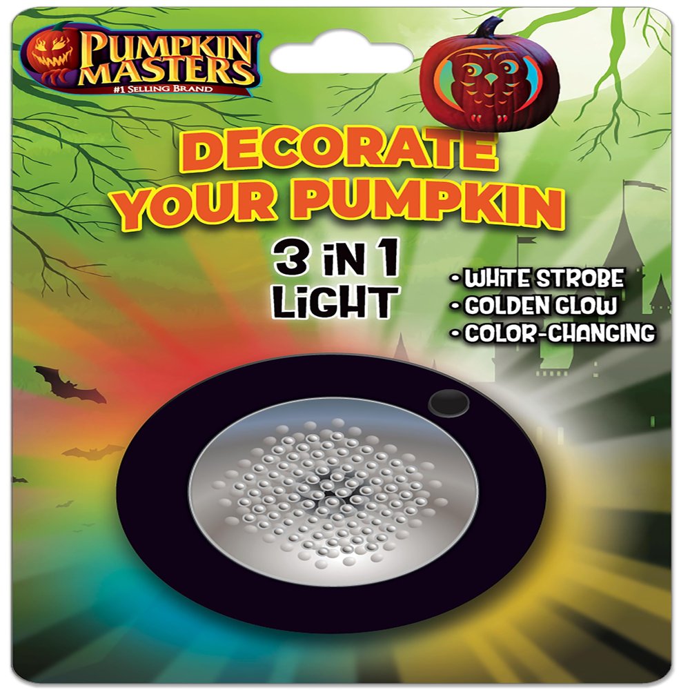 Pumpkin Masters Premium 3 in 1 Pumpkin Light Versatile Pumpkin Lighting with White Strobe, Golden Glow, and Color Changing Effects, Batteries not Included