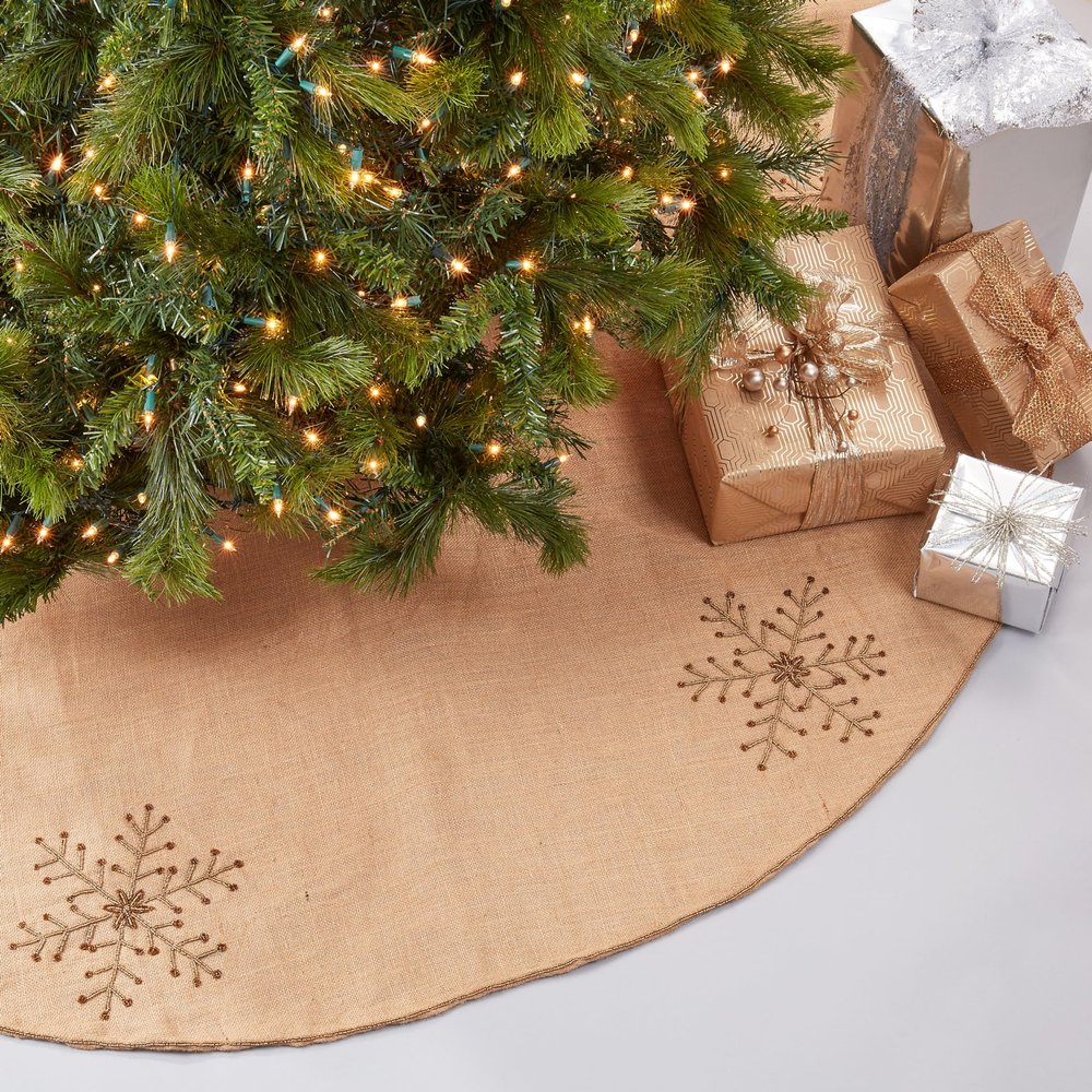 SARO LIFESTYLE Jeweled Collection Beaded Snowflake Design Tree Skirt, 72", Natural