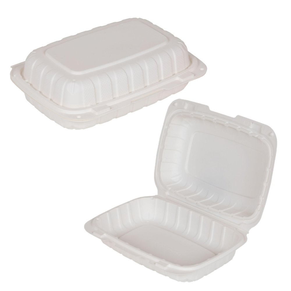 [100 Pack] 9x6 Eco Friendly Clam Shell Take Out Food Container - Mineral Filled Polypropylene, Tree Free - Hoagie Burrito Bowl, Microwavable, Bidodegradable, Recyclable, Heavy Duty, MFFP (9x6 inches)