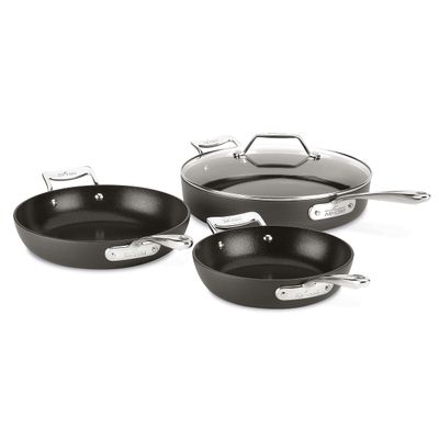 All-Clad Essentials Hard Anodized Nonstick Sauce Pan Set 4 Piece, 8, 10.25 Inch, 4 Quart Oven Broiler Safe 500F Pots and Pans, Cookware Black