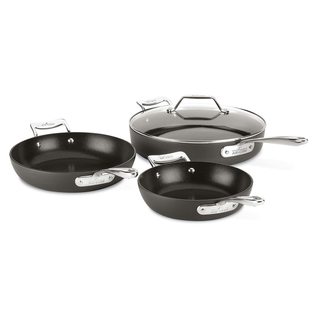 All-Clad Essentials Hard Anodized Nonstick Sauce Pan Set 4 Piece, 8, 10.25 Inch, 4 Quart Oven Broiler Safe 500F Pots and Pans, Cookware Black