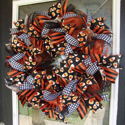 Adorable Candy Corn Halloween Deco Mesh Front Door Wreath, Porch Patio Decoration, Indoor Outdoor Decor