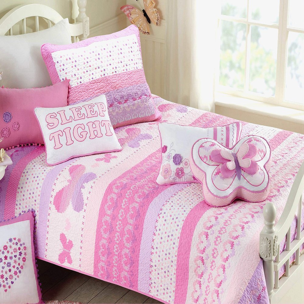 Cozy Line Home Fashions Cute Pink Butterfly Stripe Hearts 100% Cotton Soft Bedding Quilt Set, Coverlet, Bedspread (Queen - 6 Piece)