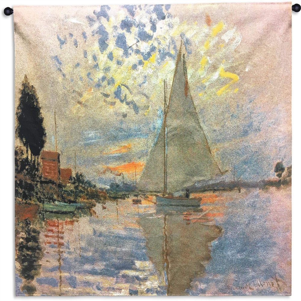 Sailboat at Le Petit-Gennevilliers by Claude Monet | Woven Tapestry Wall Art Hanging | Serene Sunset Harbor Impressionist Masterpiece | 100% Cotton USA Size 63x45