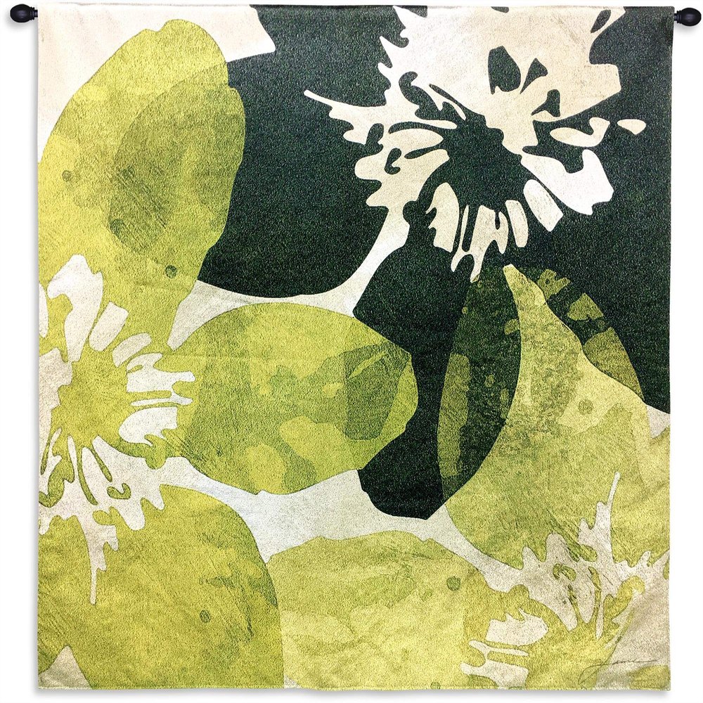 Bloomer Tile VI by James Burghardt | Woven Tapestry Wall Art Hanging | Crisp Bold Flowers in Green and Yellow | 100% Cotton USA Size 44x44