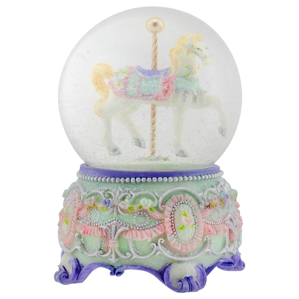 Elanze Designs Purple Floral Horse and Carousel 100MM Sturdy Wind Up Musical Glitter Water Snow Globe Tabletop Dresser Nightstand Figurine Decoration Plays Tune Carousel Waltz