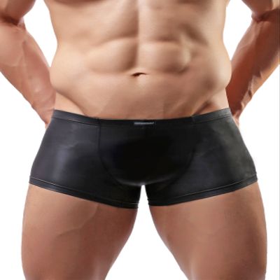 Sexy Imitation Leather Men's Underwear Tight Boxer Briefs Swim Shorts C33 (M / 27", Black)