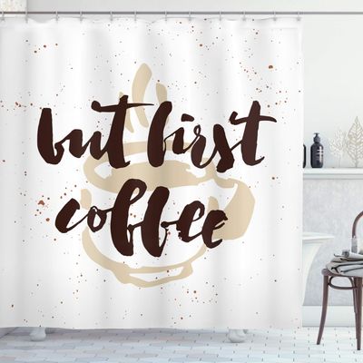 Ambesonne But First Coffee Shower Curtain, Hand Written Saying and Grunge Simple Design Mug Splashes, Cloth Fabric Bathroom Decor Set with Hooks, 69" W x 84" L, White Beige