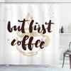 Ambesonne But First Coffee Shower Curtain, Hand Written Saying and Grunge Simple Design Mug Splashes, Cloth Fabric Bathroom Decor Set with Hooks, 69" W x 84" L, White Beige view 1