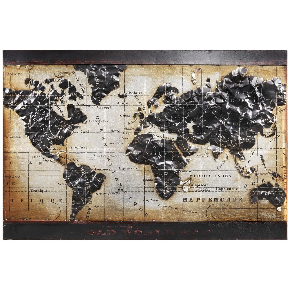 Empire Art Direct World Map Iron Wall Art 3D Metallic Hand Painted Sculpture,Ready to Hang,Living Room, Bedroom  Office, 48 in. x 2.0 in. x 32 in, Beige,Black
