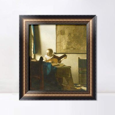 INVIN ART Framed Canvas Art Giclee Print Woman with a Lute Near a Window by Johannes Vermeer Wall Art Living Room Home Office Decorations(Vintage Wide Black Gold Frame,20"x24")
