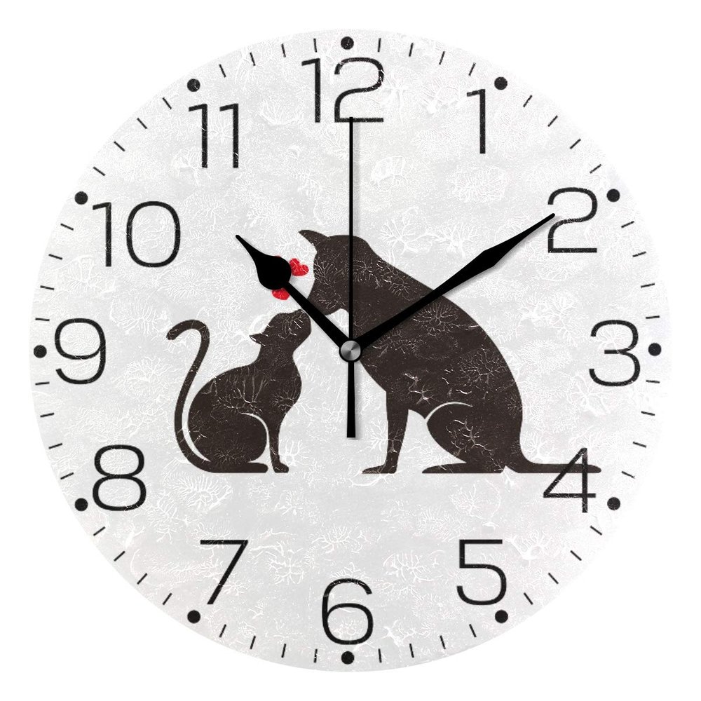 ZZAEO Black Cat Dog Silhouette Animals Wall Clock Fashion Frameless Decorative Clock for Kitchen Bedroom Living Room Classroom Home Decor - Round Shape