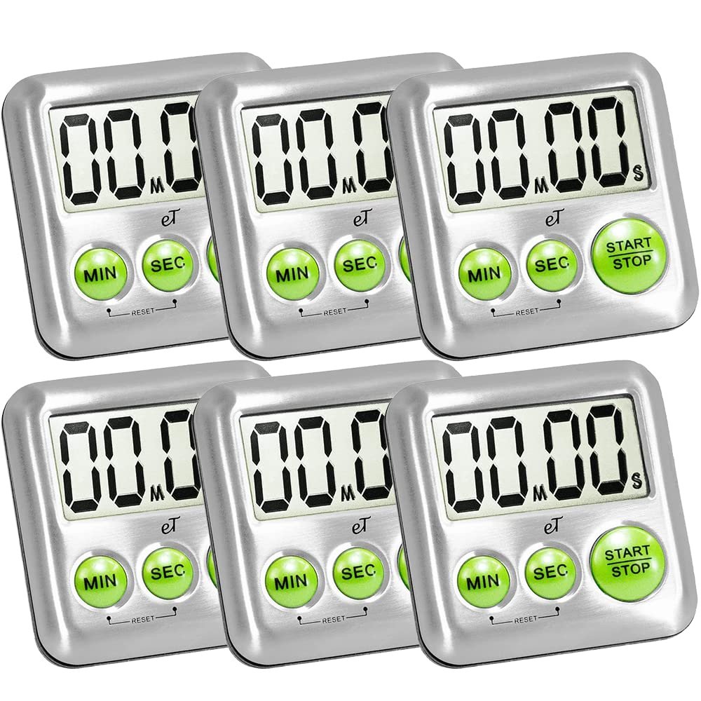 Elegant Digital Kitchen Timer Stainless Steel - Lime - Strong Magnetic Back - Kickstand - Loud Alarm - Large Display - Auto Memory - Auto Shut-Off - Model eT-25 (Lime 6-Pack) by eTradewinds