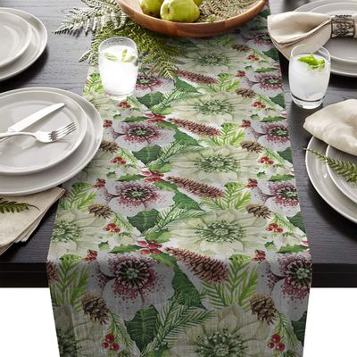 Table Runner for Kitchen Dining Room Supplies Fabric Decorations, Watercolor Flowers and Pine Cones Table Cloth for Wedding/Birthday Party/Baby Shower/Foyer,Non Slip Table Runners 13x90 Inch
