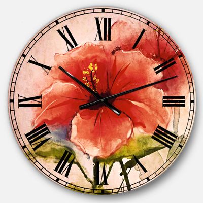 Designart Watercolor Painting Red Hibiscus Flower Wall Art Design Traditional Circle Wall Decorative Clock - Home Decorations for Home, Living Room, Bedroom, Office Decoration Round Metal Wall Clock