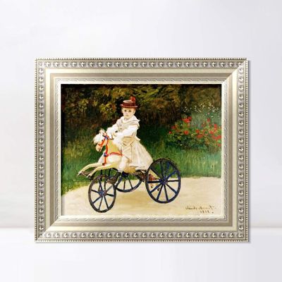 INVIN ART Framed Canvas Art Giclee Print Jean Monet on his Hobby Horse by Claude Monet Wall Art Living Room Home Office Decorations(European Style Silver Frame,20"x24")