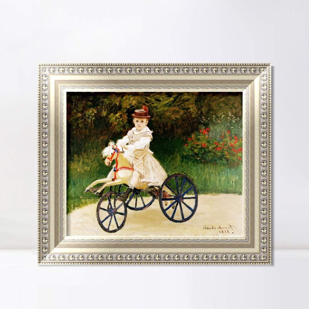INVIN ART Framed Canvas Art Giclee Print Jean Monet on his Hobby Horse by Claude Monet Wall Art Living Room Home Office Decorations(European Style Silver Frame,20"x24")