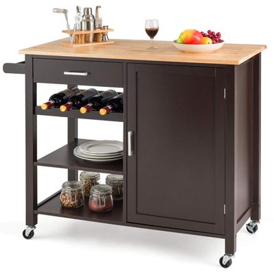 Giantex Kitchen Island Cart Rolling Serving Cart Wood Trolley with Drawer, Storage Cabinet, 4 Wine Bottle Rack, Towel Rack and Lockable Wheels (Brown)