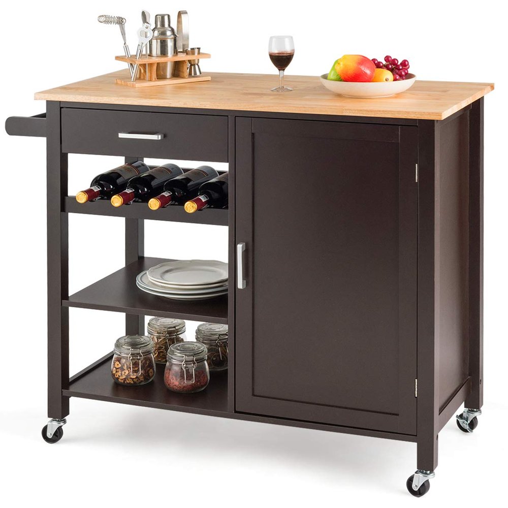 Giantex Kitchen Island Cart Rolling Serving Cart Wood Trolley with Drawer, Storage Cabinet, 4 Wine Bottle Rack, Towel Rack and Lockable Wheels (Brown)