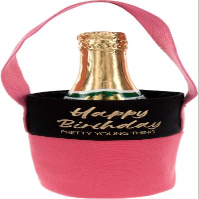 Pavilion Gift Company - Happy Birthday Pretty Young Thing - Red & Gold Reusable Canvas Birthday Bottle Bag