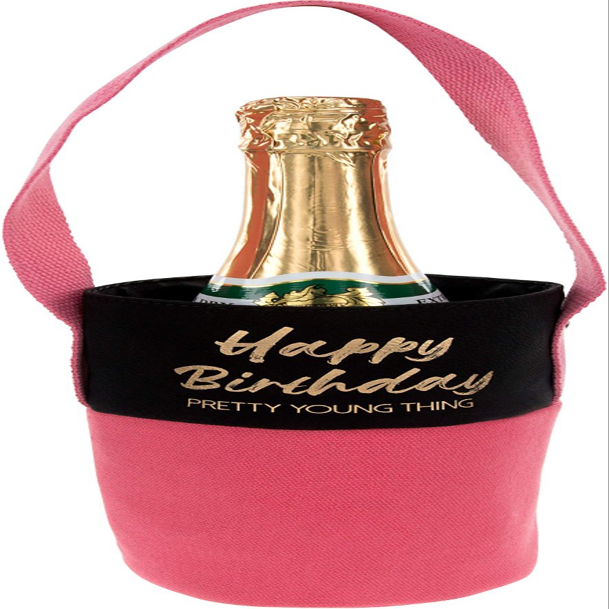 Pavilion Gift Company - Happy Birthday Pretty Young Thing - Red & Gold Reusable Canvas Birthday Bottle Bag