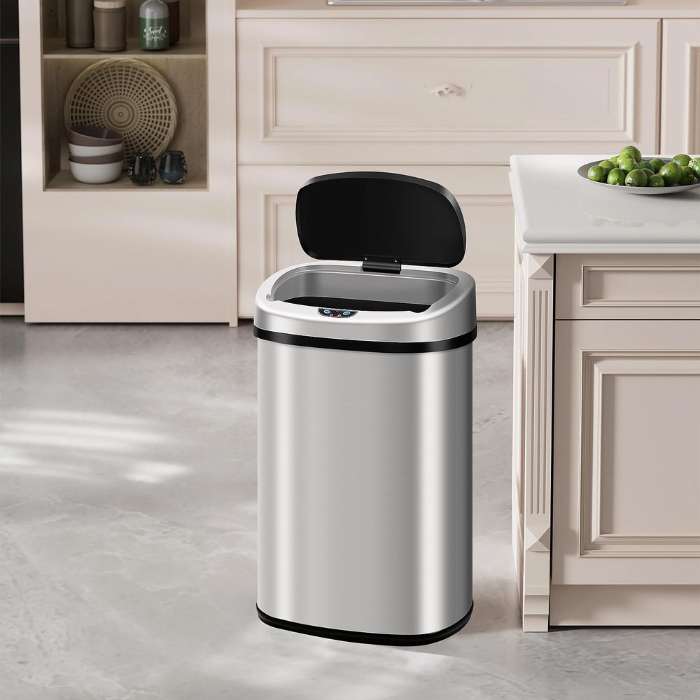 Automatic 13 Gallon Kitchen Stainless Steel Touch Free Trash Can with Lid High-Capacity Waste Bin with Ring Garbage Can for Home Kitchen Bathroom Bedroom Office