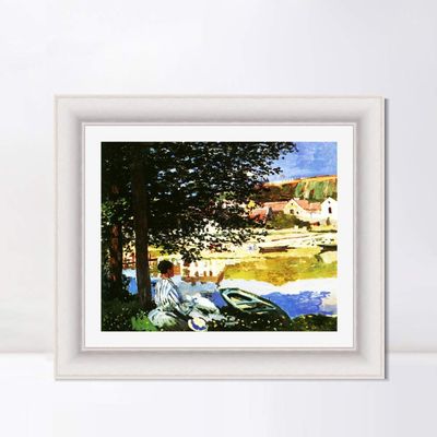 INVIN ART Framed Canvas Art Giclee Print River Scene at Bennecourt by Claude Monet Wall Art Living Room Home Office Decorations(Modern Simple White Frame with Mat,20"x24")