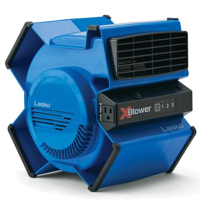 Lasko X-Blower High Velocity Pivoting Utility Blower Fan for Cooling, Ventilating, Exhausting, and Drying, 6 Position 3-Speed Floor Fan with AC Outlet, Circuit Breaker, USB Port, 11x9x12, Blue, X12905