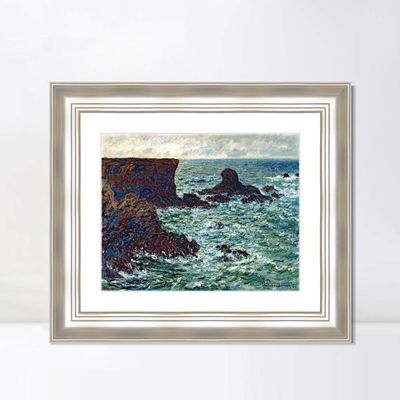 INVIN ART Framed Canvas Art Giclee Print Rocks at Port-Coton, the Lion, 1886 by Claude Monet Wall Art Living Room Home Office Decorations(Classic Silver Frame with Mat,20"x24")