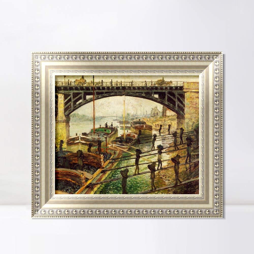 INVIN ART Framed Canvas Art Giclee Print The Coal-Dockers, 1875 by Claude Monet Wall Art Living Room Home Office Decorations(European Style Silver Frame,20"x24")