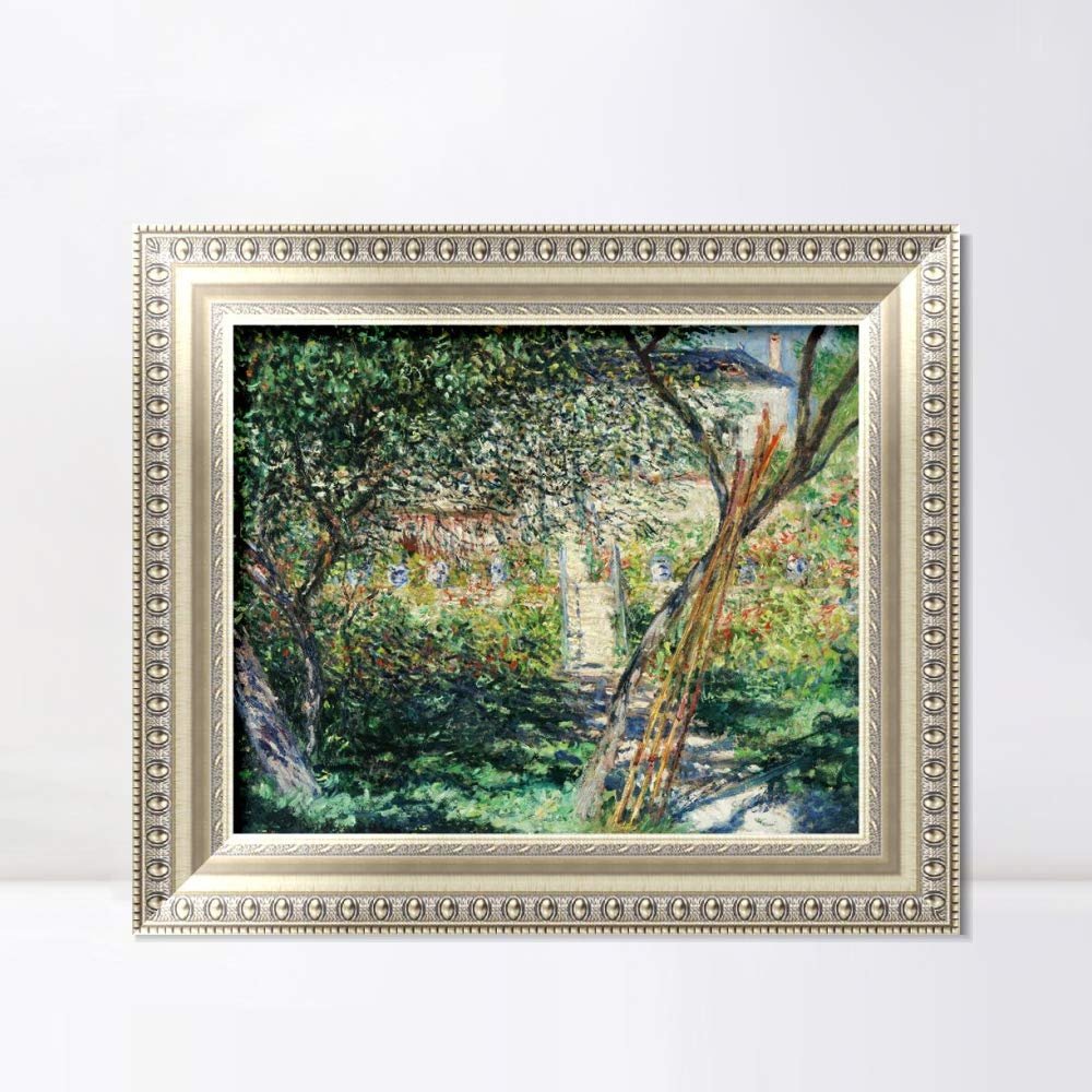 INVIN ART Framed Canvas Art Giclee Print Le Jardin de Vtheuil, 1881 by Claude Monet Wall Art Living Room Home Office Decorations(European Style Silver Frame,20"x24")