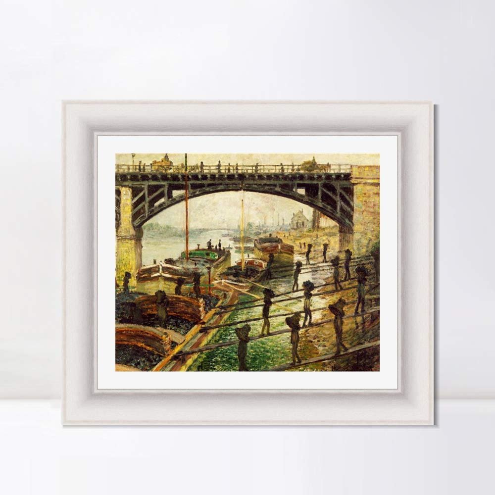 INVIN ART Framed Canvas Art Giclee Print The Coal-Dockers, 1875 by Claude Monet Wall Art Living Room Home Office Decorations(Modern Simple White Frame with Mat,20"x24")