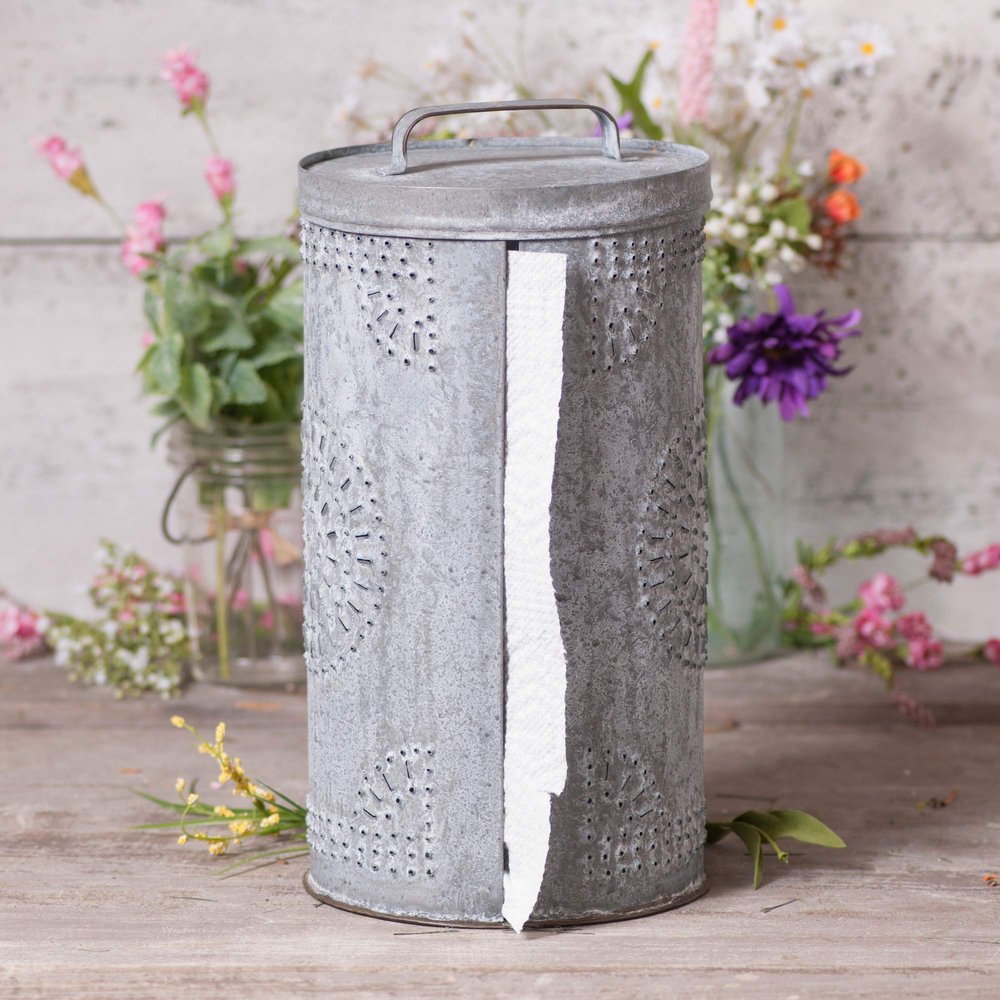 Irvin's Tinware, K17-24WZ, Punched Tin Paper Towel Dispenser in Weathered Zinc, Rustic Country Kitchen Decor