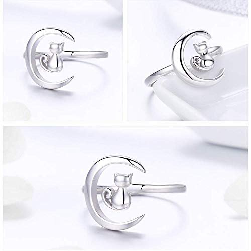 Bansriracha Authentic 925 Sterling Silver Moon Cat Open Size Adjustable Finger Rings for Women Wedding Engagement Jewelry
