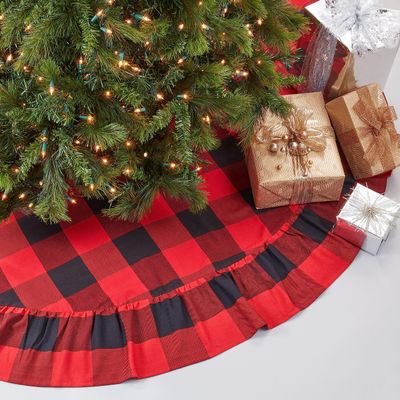 Saro Lifestyle Buffalo Plaid Ruffled Tree Skirt, Red, 72"