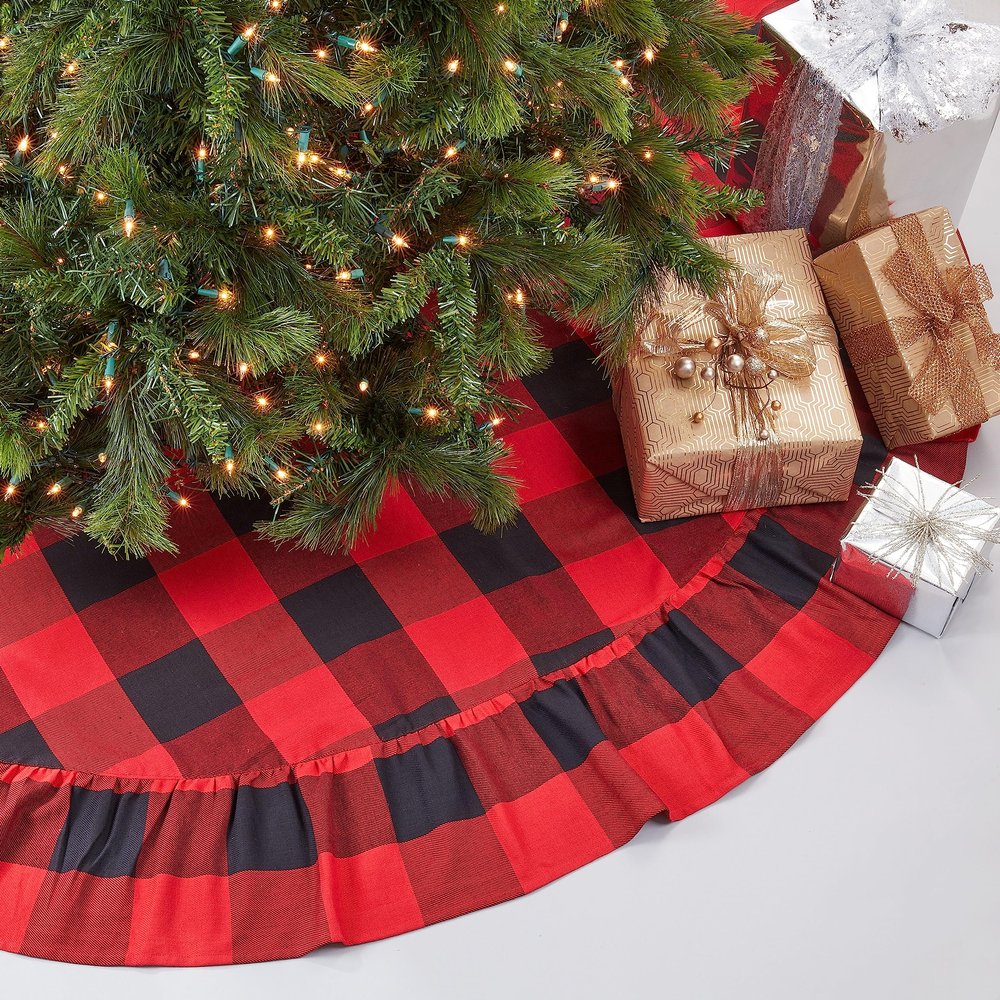 Saro Lifestyle Buffalo Plaid Ruffled Tree Skirt, Red, 72"