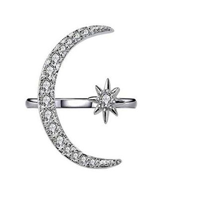Bansriracha Cute Moon and Star Adjustable 925 Sterling Silver Rings with Zircon Bling Stone for Women Fashion Wedding Engagement Jewelry