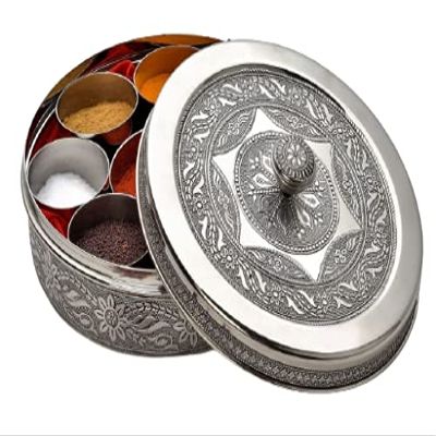 Actieo Spice Box Indian Masala Dabba Storage Container Stainless Steel Kitchen Organizer Designer Gift Box with Seven Small Inner Containers and One Spoon