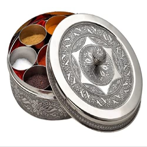 Actieo Spice Box Indian Masala Dabba Storage Container Stainless Steel Kitchen Organizer Designer Gift Box with Seven Small Inner Containers and One Spoon