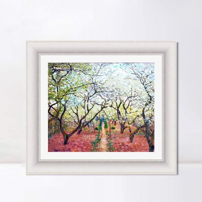 INVIN ART Framed Canvas Art Giclee Print Orchard in Bloom by Claude Monet Wall Art Living Room Home Office Decorations(Modern Simple White Frame with Mat,20"x24")
