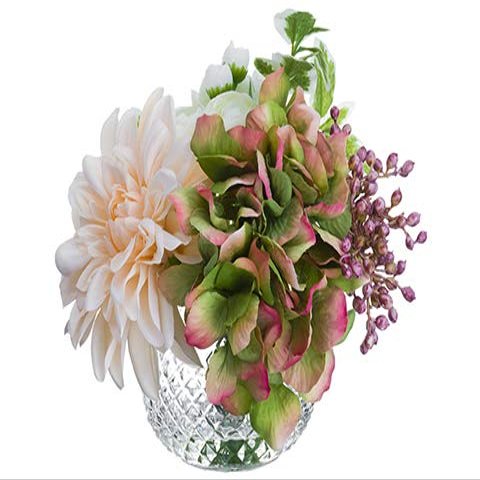 6.5" Hydrangea/Dahlia/Ranunculus in Glass Vase Mauve White (Pack of 4)