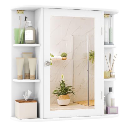 Tangkula Bathroom Medicine Cabinet with Mirror, Modern Wall Mounted Space-Saving Storage Organizer with Mirrored Door, 4 Internal Shelves & 6 Open Side Shelves, Bathroom Wall Cabinet (White)