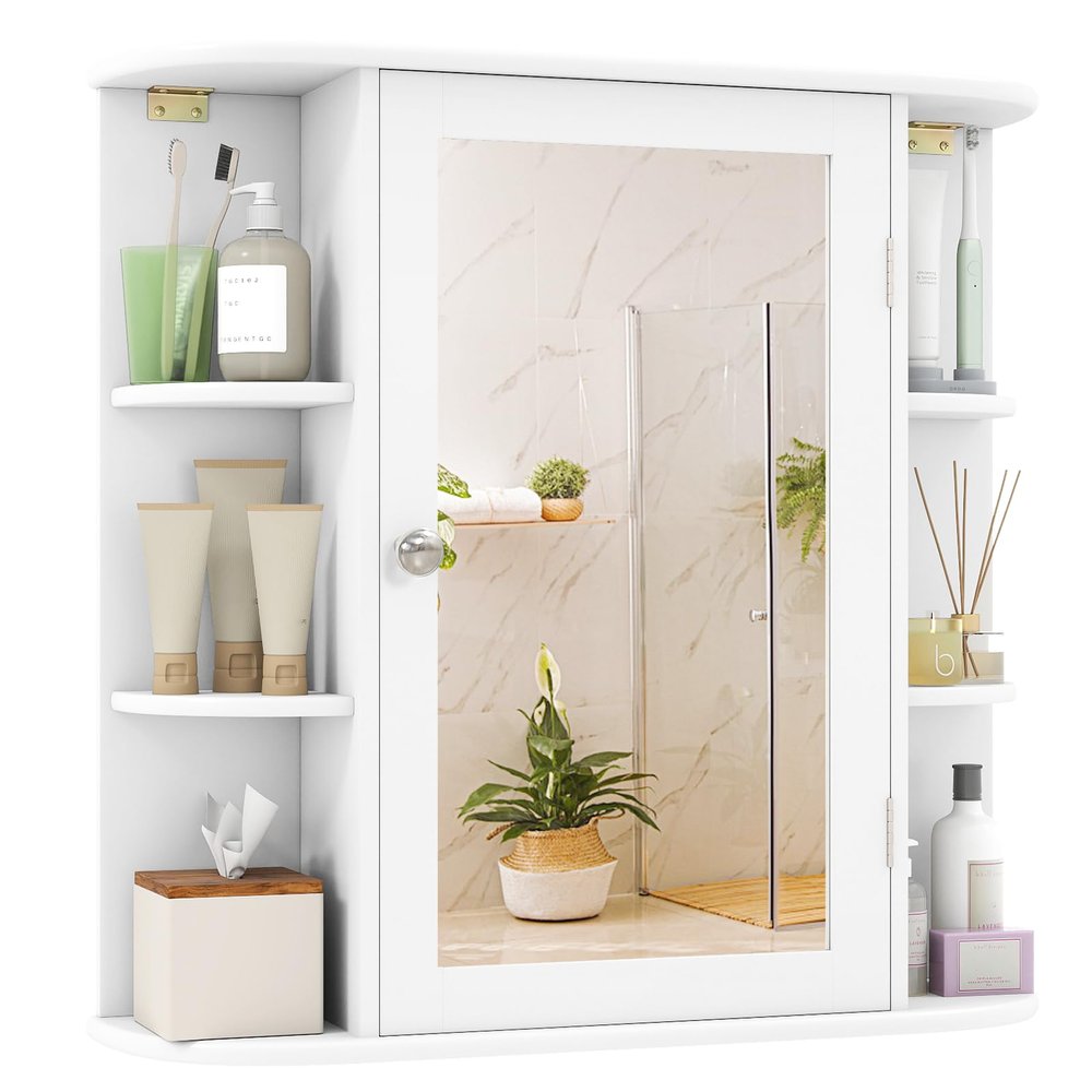 Tangkula Bathroom Medicine Cabinet with Mirror, Modern Wall Mounted Space-Saving Storage Organizer with Mirrored Door, 4 Internal Shelves & 6 Open Side Shelves, Bathroom Wall Cabinet (White)