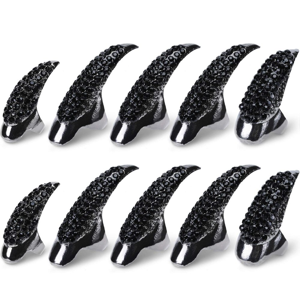 Hicarer 10 Pcs Halloween Gothic Nail Claw Ring Metal Punk Fake Nails Set Costume Full Finger Rings for Men Women Party Favor Cosplay Supplies, 3 Sizes