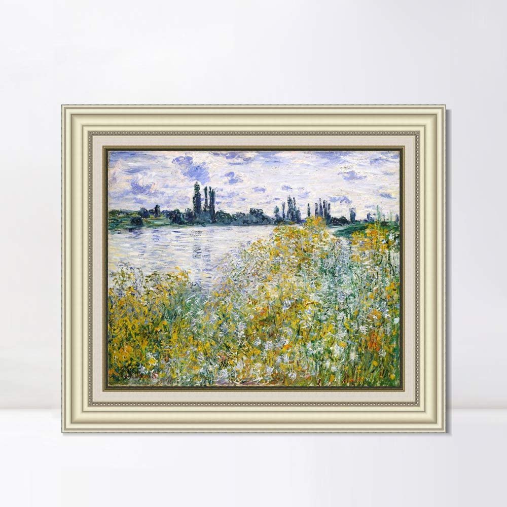 INVIN ART Framed Canvas Art Giclee Print Isle of Flowers on Siene Near Vetheuil by Claude Monet Wall Art Living Room Home Office Decorations(Beige Color Frame with Linen Liner,20"x24")