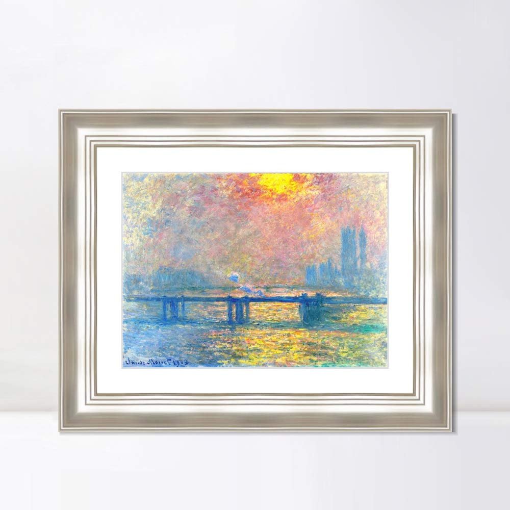 INVIN ART Framed Canvas Art Giclee Print Charing Cross Bridge,The Thames by Claude Monet Wall Art Living Room Home Office Decorations(Classic Silver Frame with Mat,20"x24")